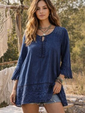 Studio West Denim Blue Boho Tunic Top 3X Lace Embroidered Peasant Blouse NWT